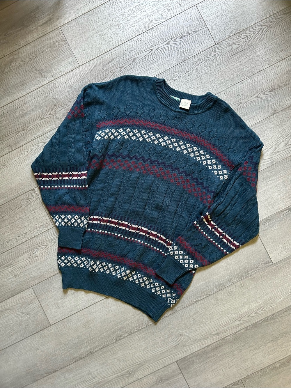 Men's Teal Patterned Crewneck Sweater with Burgundy and Cream Accents